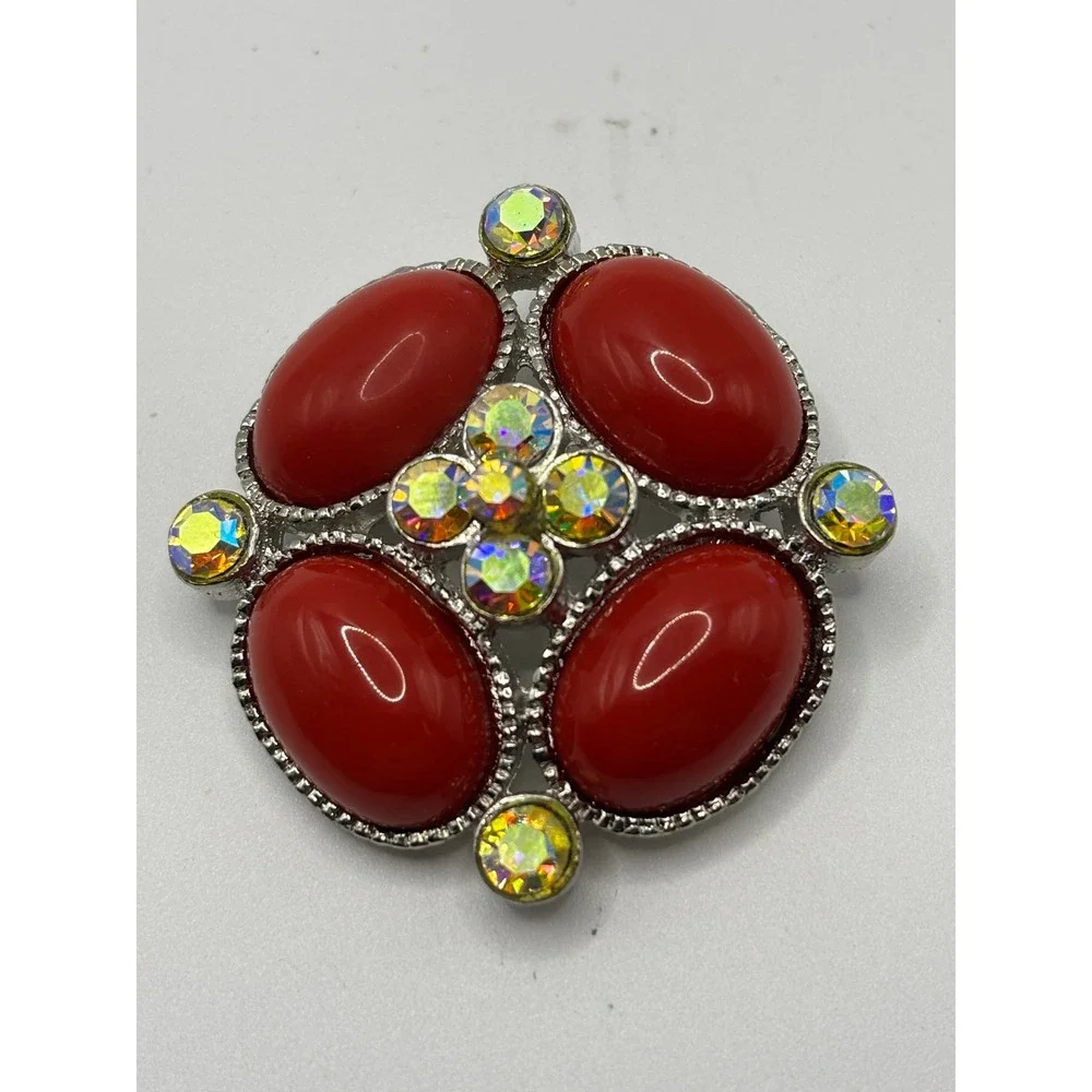 Sonoma Brooch Pin Womens OS Red Silver Tone Aurora Borealis Cabochon‎ Rhinestone